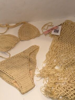 Micas Crocheted Triangle Bikini Set in Beige size small NWT